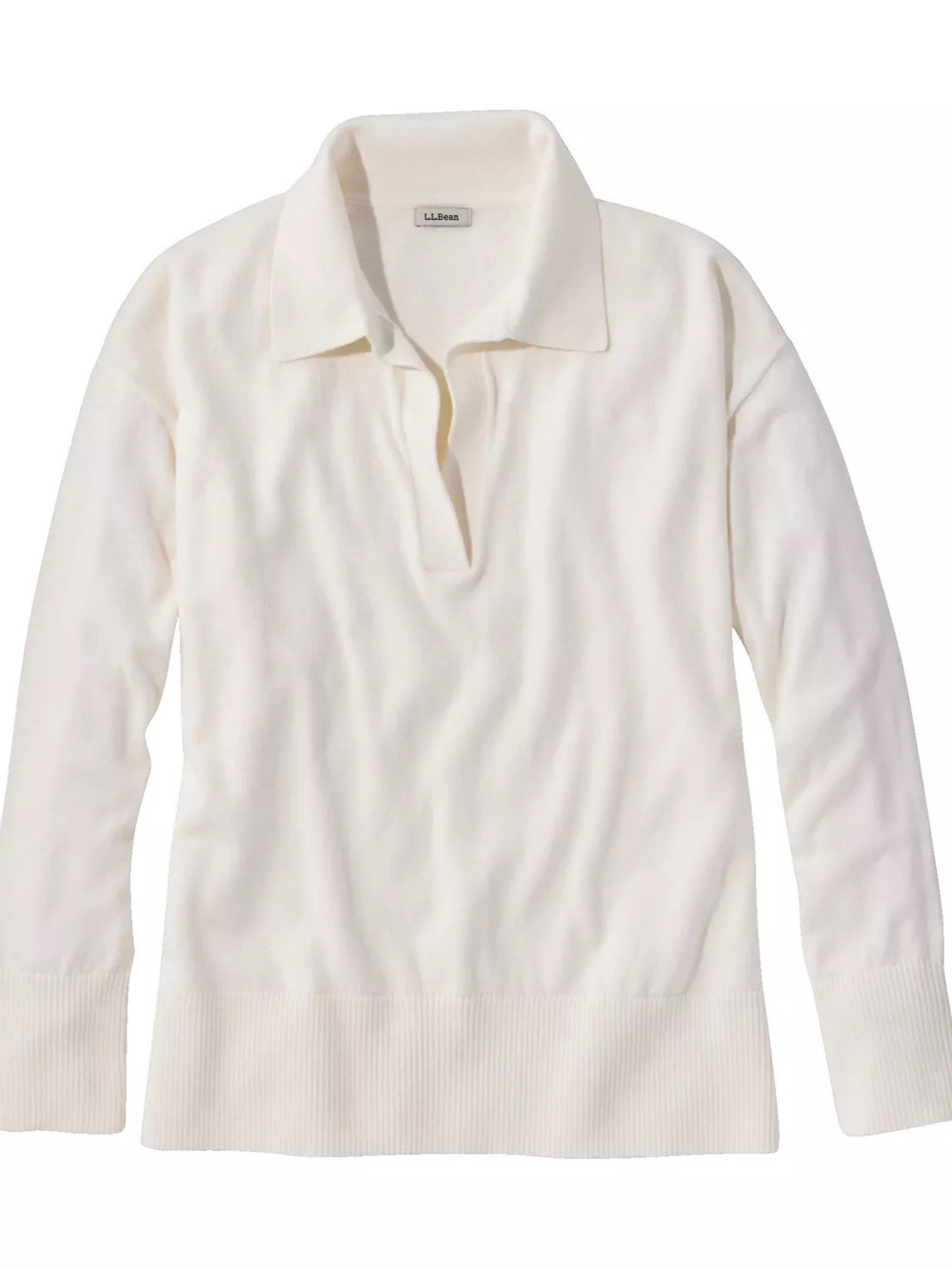 L.L. Bean Cream/white cotton-cashmere Long-Sleeve Polo Sweater